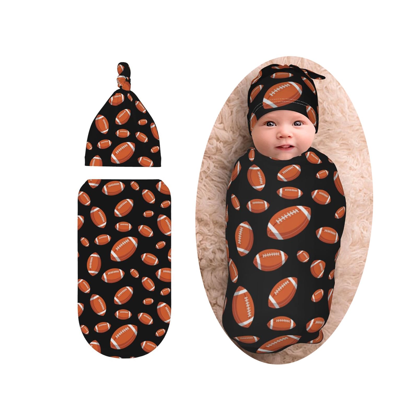 Football Baby Stuff Swaddle Blankets Beanie Hat Sets, Soft and Stretchy Newborn American Football Blanket Swaddle Sack for Baby Shower Infant Boy and Girl