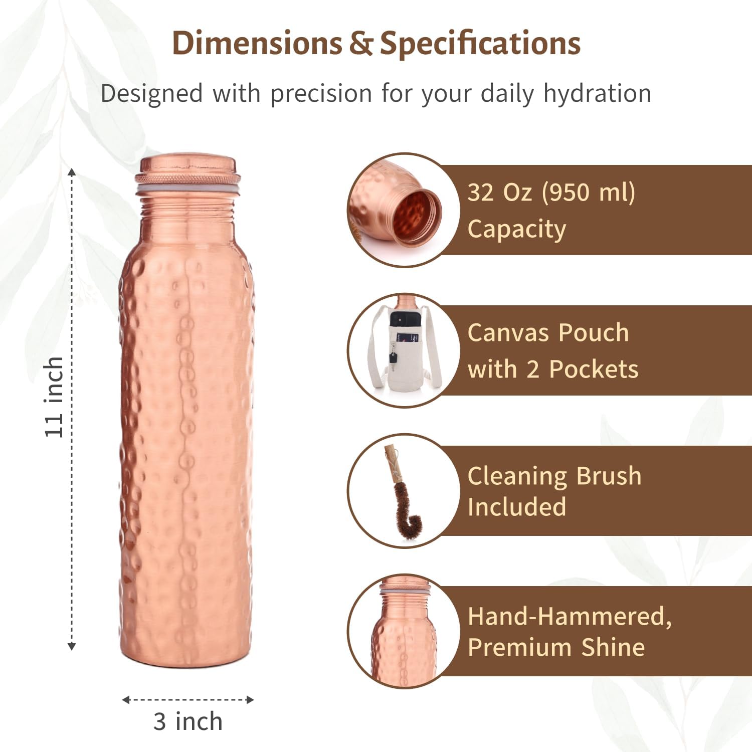 100% Pure Copper Water Bottle (32 oz/ 950ml) With Ayurvedic Benefits, Travel-Friendly Design Leak Proof Pure Copper Hammered Water Bottle For Drinking, Comes With Canvas Carry Bag & Cleaning Brush - Image 8