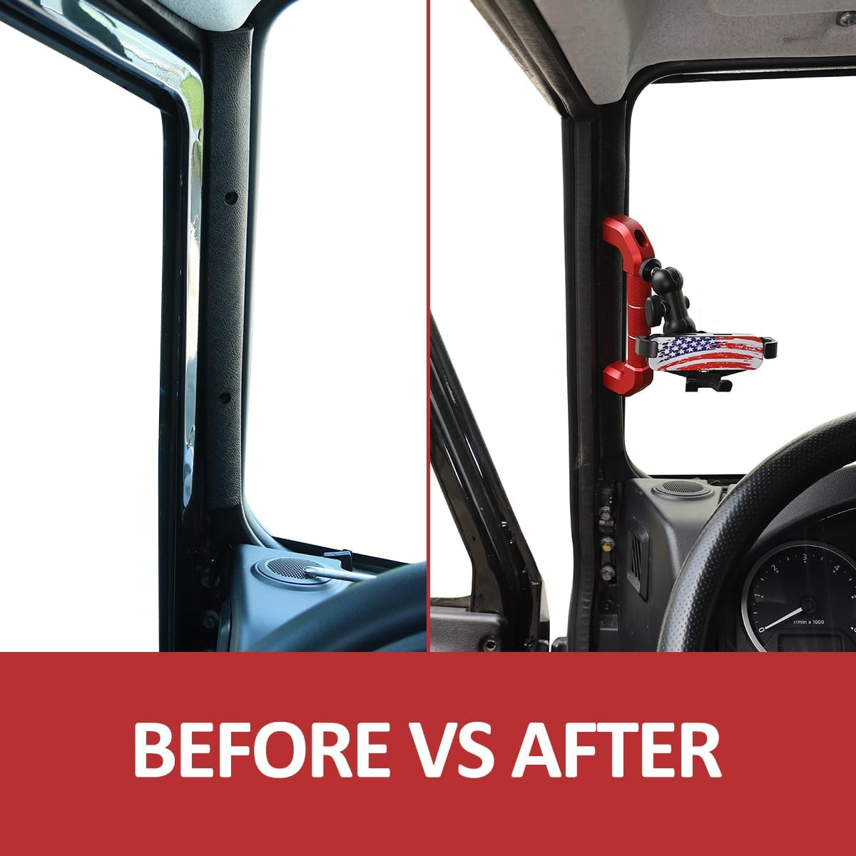 Car Interior Door Grab Handle Trim with Car Mobile Phone Holder Compatible with Land Rover Defender 2004-2018 Car A-Pillar Handle Mobile Phone Bracket GPS Navigation Bracket (Style B, Red)