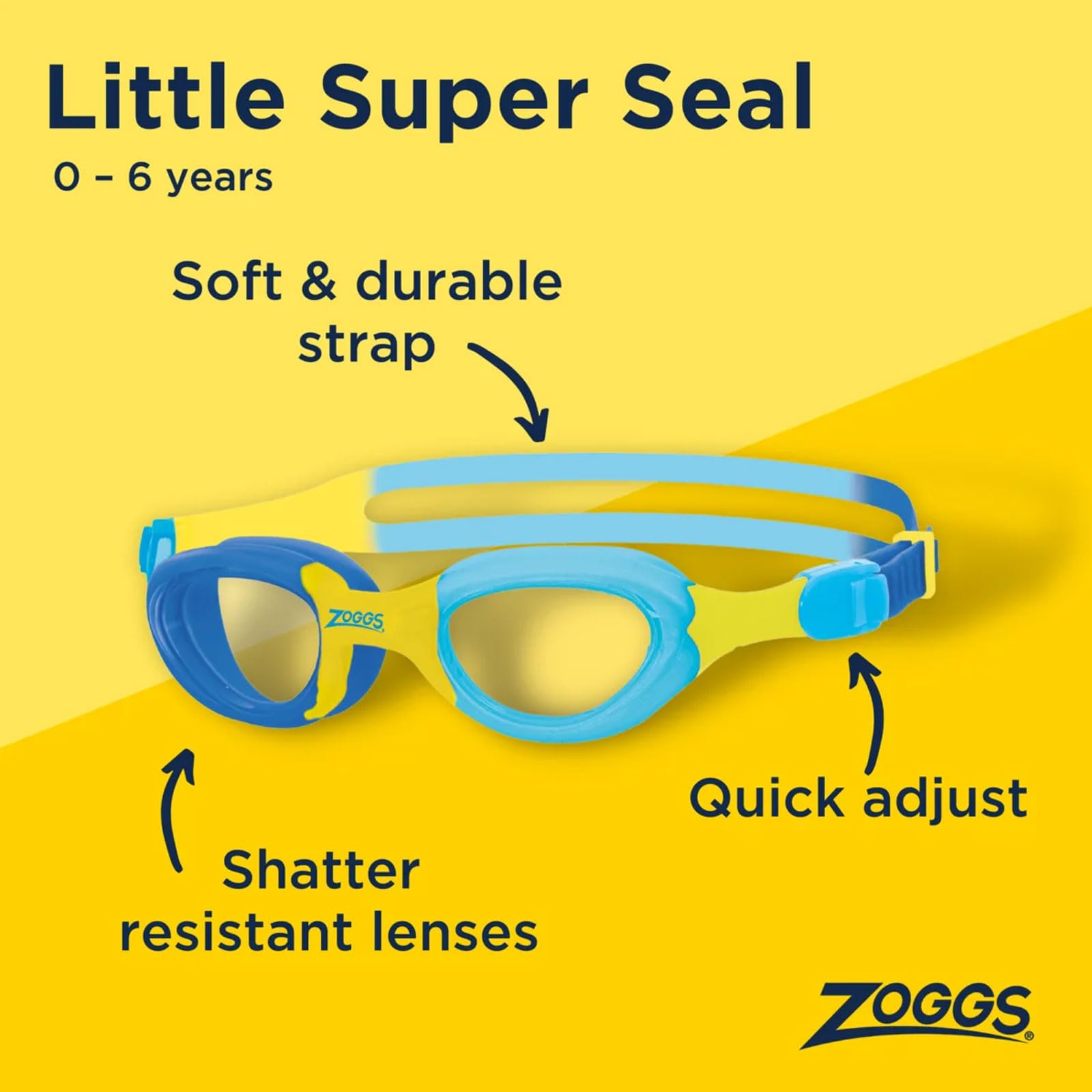 Zoggs Kids' Little Super Seal Swim Goggles | UV Protection & Anti-Fog Lenses | Soft Silicone Gasket & Quick-Adjust Strap, Blue/Yellow - Clear Lens