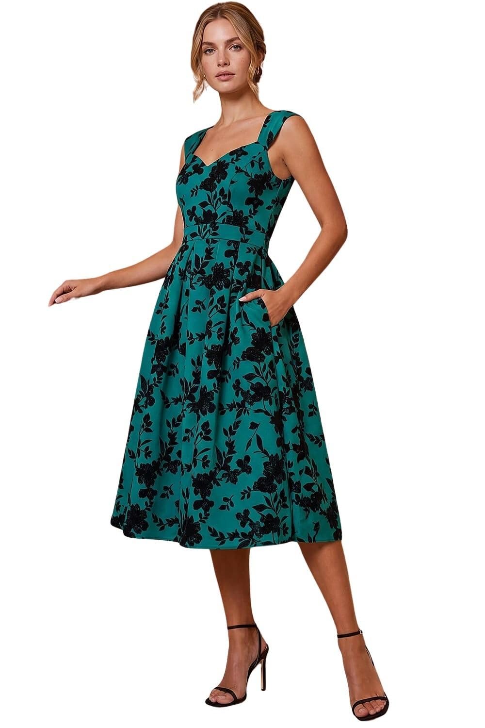 Roman Glitter Floral Flocked Premium Stretch Dress - Teal