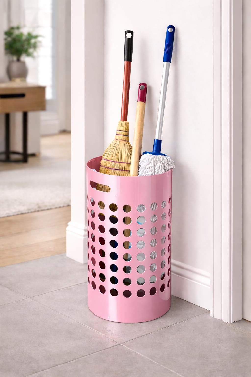 56113 Metal Designer lasting broom stand/mop stand for Indian home/office and commercial spaces/Modern stylish broom holder/walking stick storage- Pink-image-13