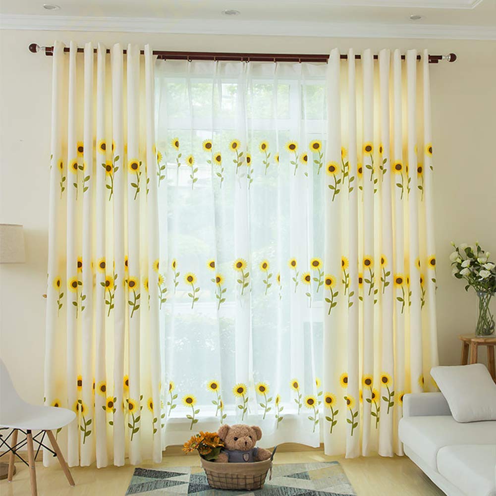 CURTAIN Cortinas para la habitación del bebé Cuarto de los niños Cortina translúcida para Armario Cocina Cuarto Bordado Girasol Estilo Fresco Cortina de Ventana Beige con Gancho (una Pieza)