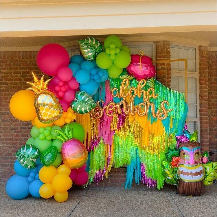 Image of Tropical Balloons Arch Kit,130Pcs Luau Balloons Different Sizes Hot Pink and Yellow Latex Balloons for Hawaiian Luau Summer Birthday Party Decorations