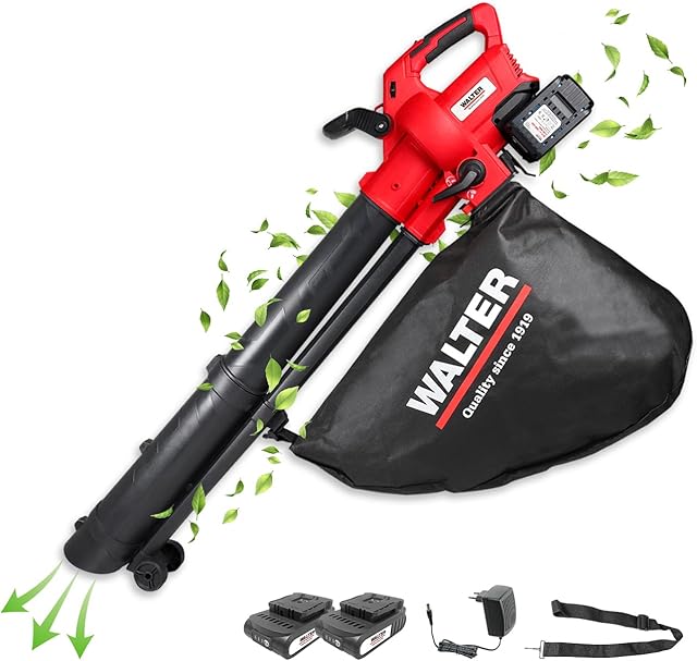 WALTER WALTER Professional Li-Ion Akku-Laubbläser und Laubsauger 40V, Blasgeschwindigkeit: 160-210 km/h, Einsaugvolumen 10,3 m³/ min, Laubsackkapazität: 45 l, geringes Gewicht von nur 3,4 kg, inkl. Tragegurt — Laubsauger