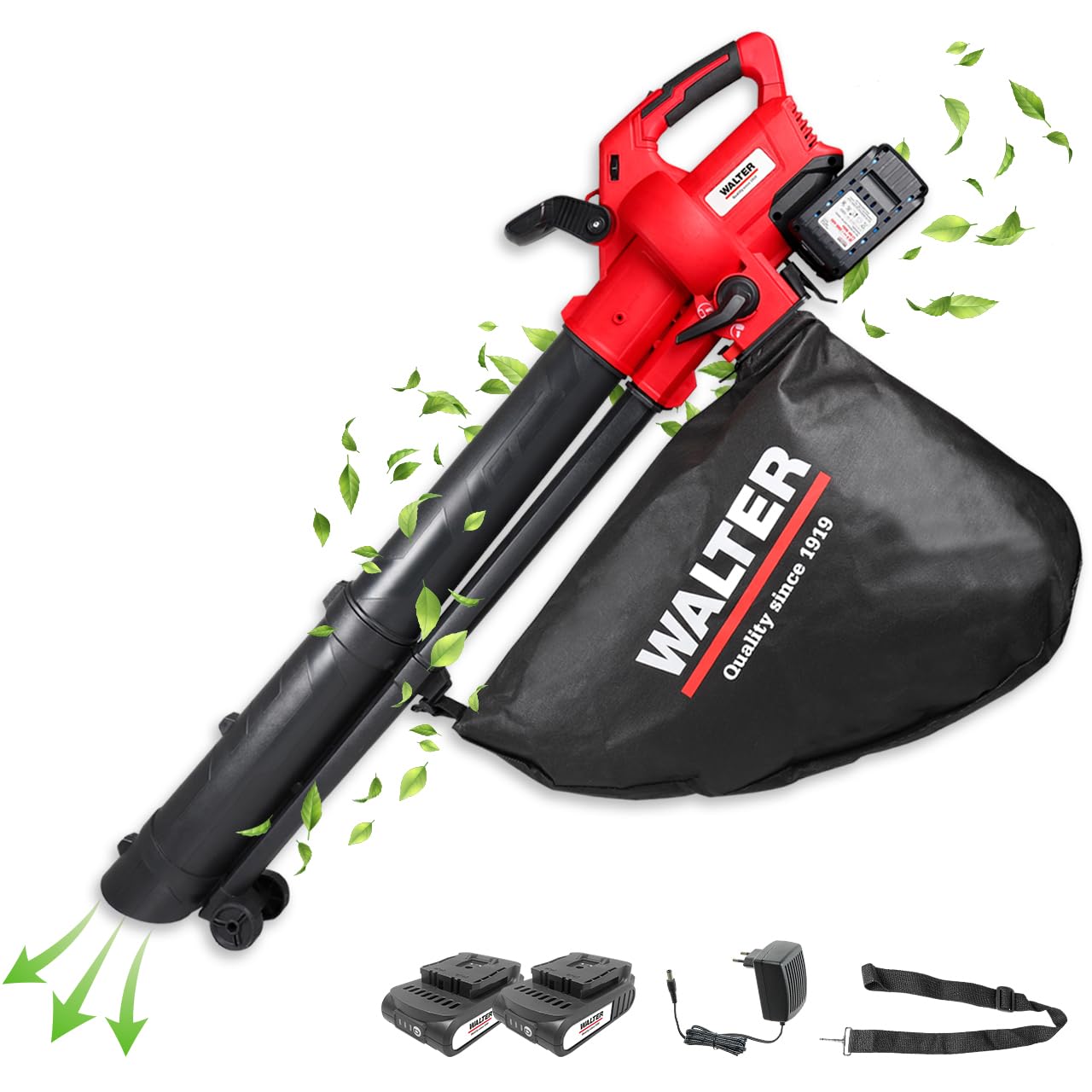 WALTER Professional Li-Ion Akku-Laubbläser und Laubsauger 40V, Blasgeschwindigkeit: 160-210 km/h, Einsaugvolumen 10,3 m³/ min, Laubsackkapazität: 45 l, geringes Gewicht von nur 3,4 kg, inkl. Tragegurt