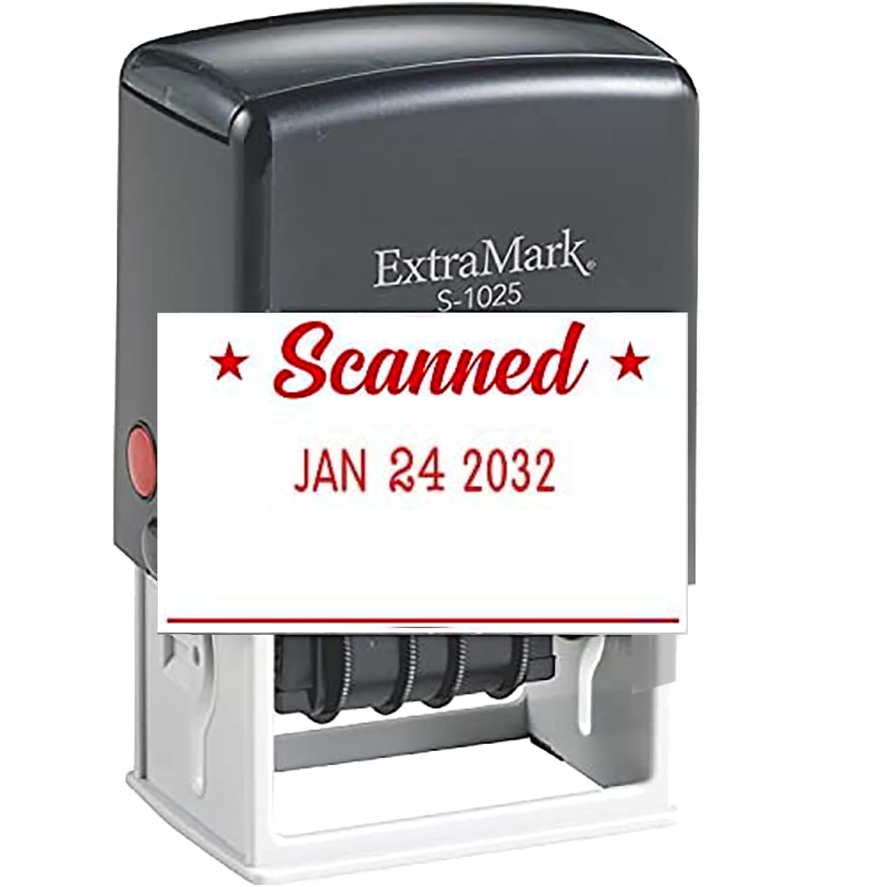 ExtraMark S-1025 Professional Self Inking Office Date Stamp with "Scanned" Phrase – Style P - Red Color Ink