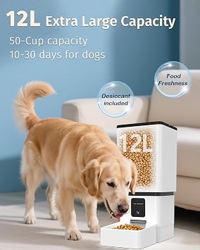 Automatic Dog Feeder Large Breed: 12L/50 Cup Capacity for Kibble up to 20mm