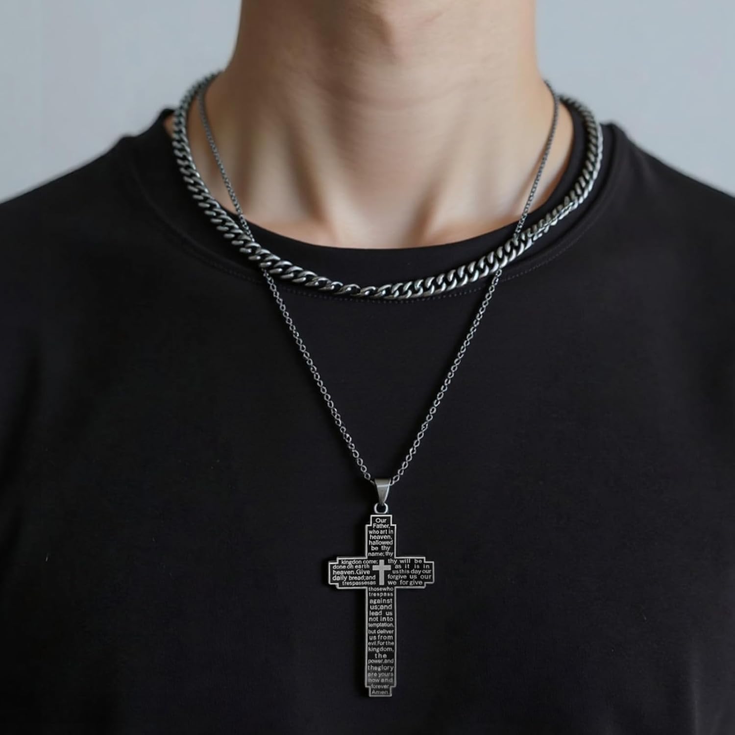 2 Pack Bible Verse Cross Necklace for Men, Stainless Steel Double Chain Christian Pendant, Engraved with The Lord's Prayer Matthew 6:9-13, Religious Gifts for Men - Image 2