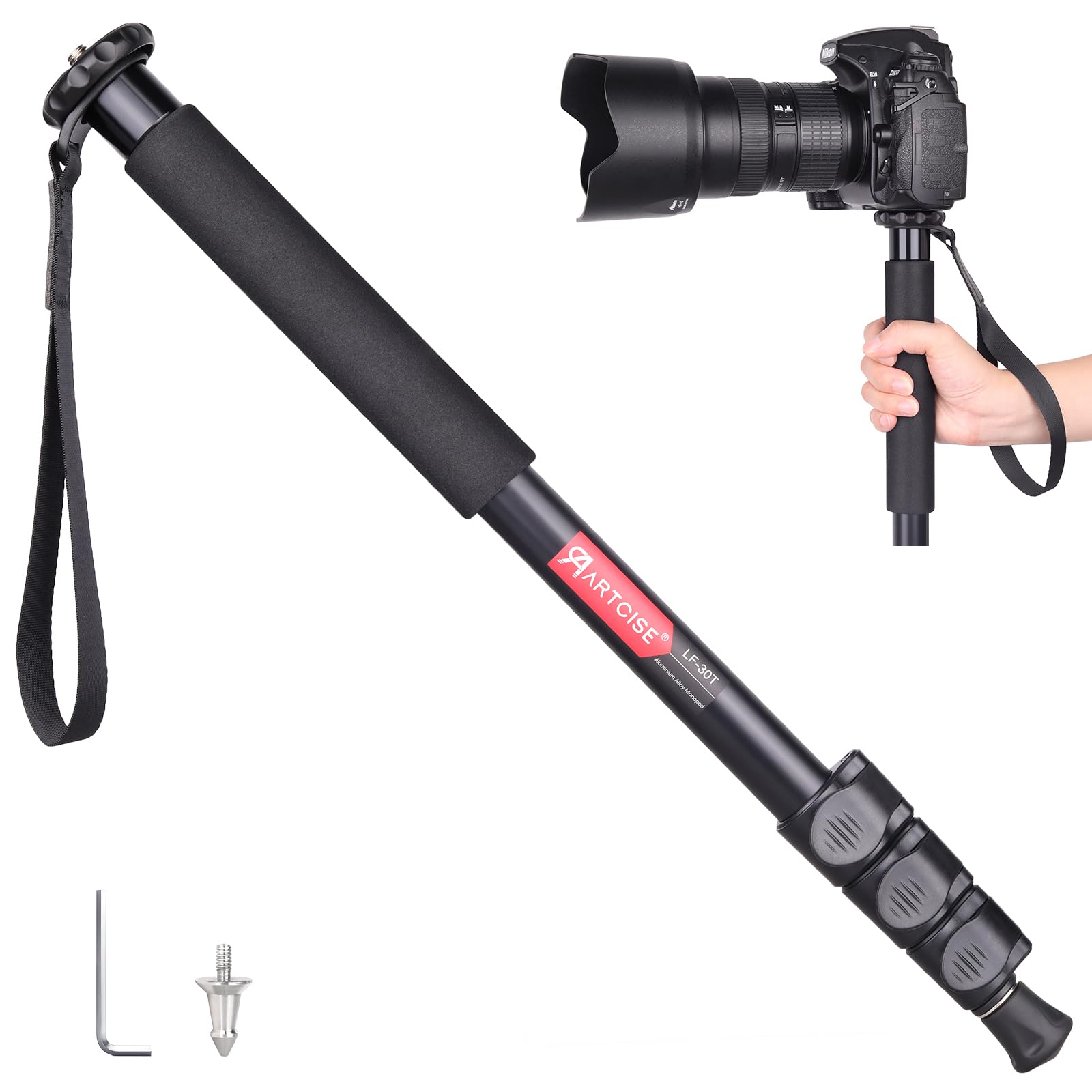 ARTCISE Monopiede per fotocamera, 156 cm, in lega di alluminio, monopiede compatto con altezza a 4 sezioni, supporto da viaggio leggero per fotocamera DSLR, capacità di carico 15 kg