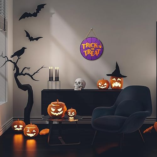 Miniatura 4 de Letrero colgante de Halloween con cuerda, letrero de telaraña de truco o trato, letrero de madera redondo para puerta delantera, porche de