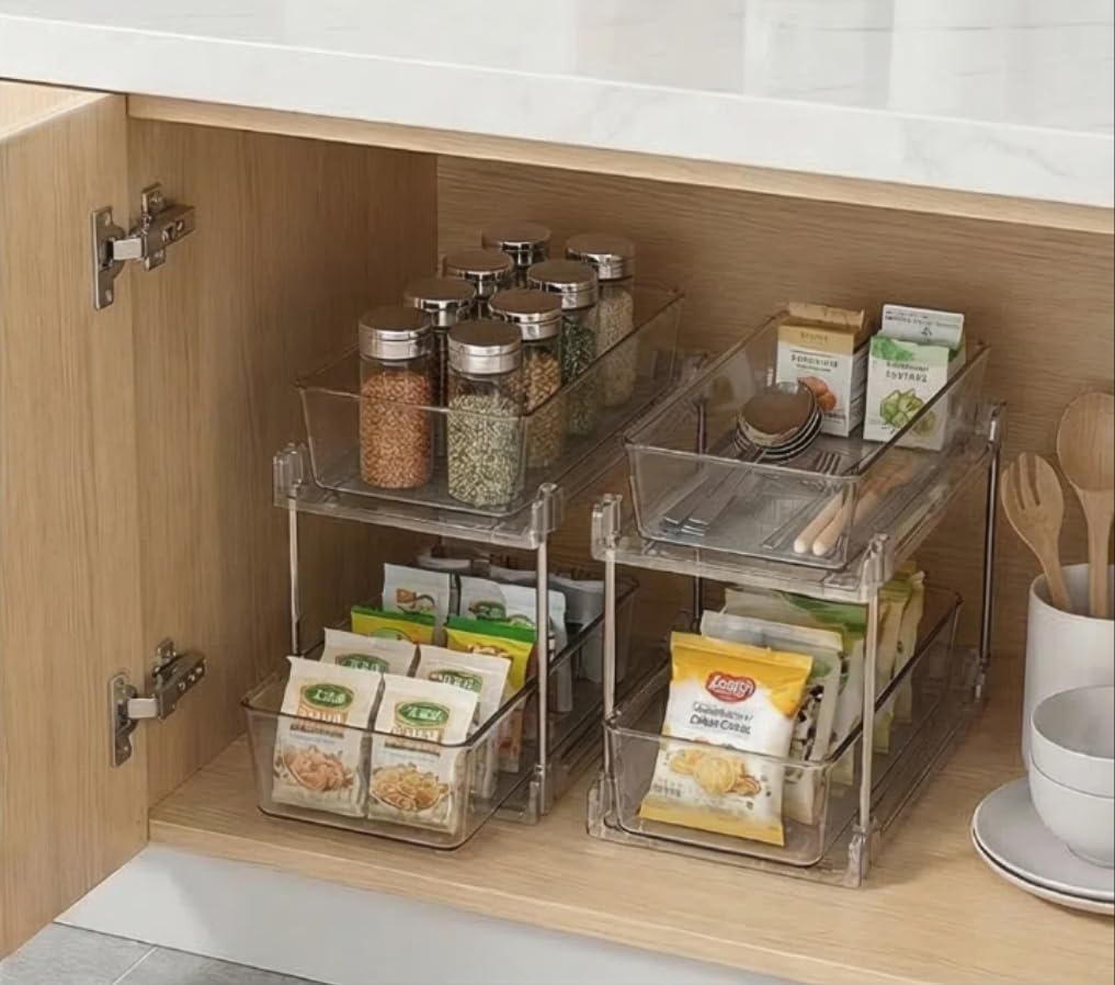 AITOPMART 2 Pack Bathroom Organizer,2 Tier Clear Under Sink Organizers Vanity Countertop Storage Container,Cabinet Drawers Bins, Pull-Out Organization