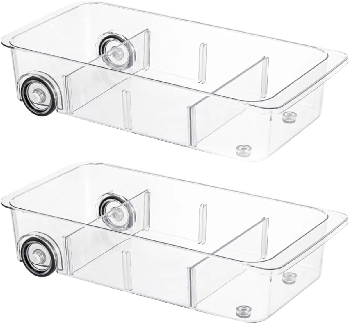 Roll-Out Refrigerator Organizers and Storage, 2 Pack Drawer Fridge Bins | Silicone Wheels, Adjustable Dividers, Thick Clear PET, Built-In Handle, for Fridge, Pantry, Bathroom & Kitchen Organization