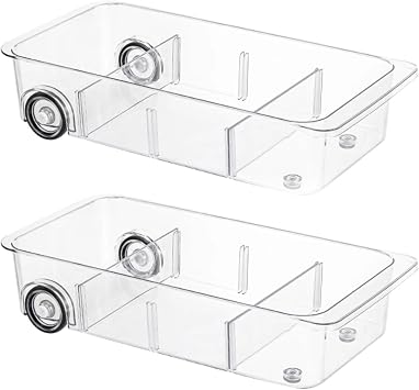 Roll-Out Refrigerator Organizers and Storage, 2 Pack Drawer Fridge Bins | Silicone Wheels, Adjustable Dividers, Thick Clear PET, Built-In Handle, for Fridge, Pantry, Bathroom & Kitchen Organization