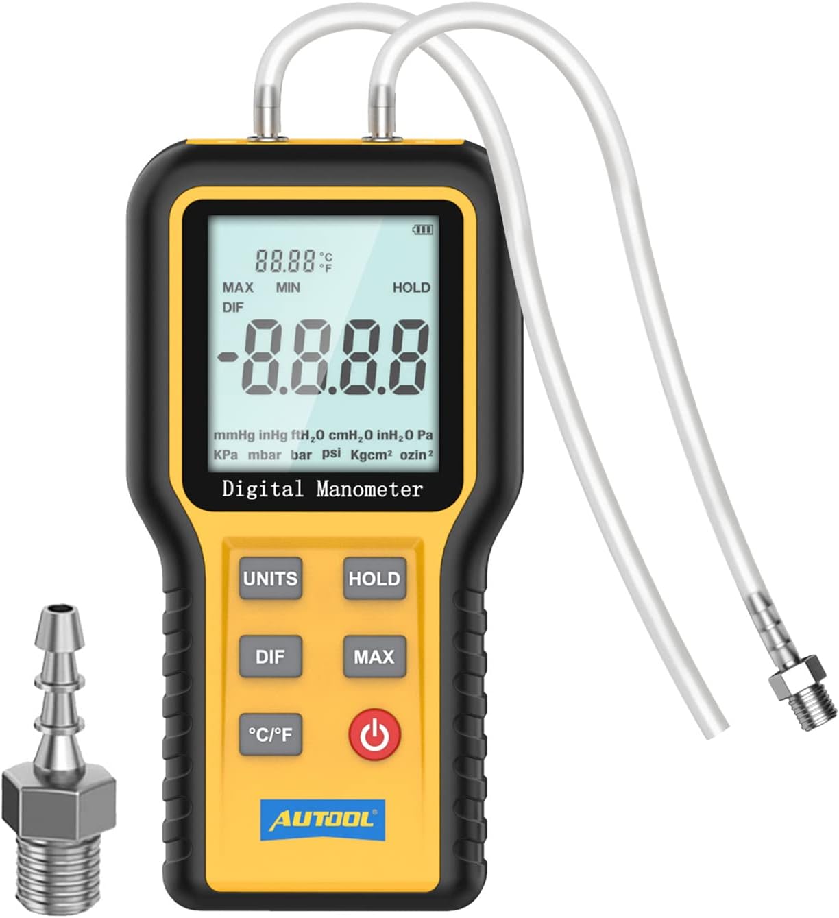 AUTOOL Digital Manometer, HVAC Gas Pressure Tester, Dual-Port, Handheld, Temperature & Pressure Measurement, ABS Material, LCD Backlight, High Resolution, Storage Function, 3-Year Warranty