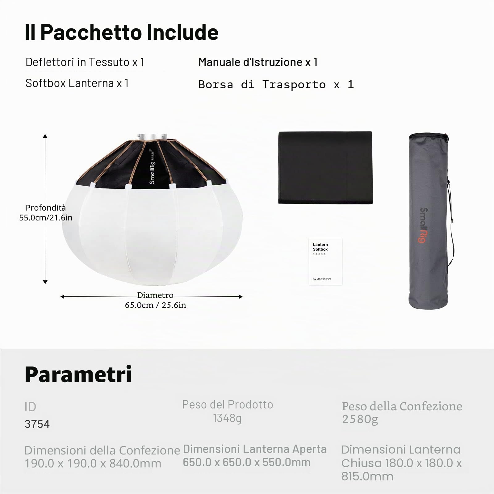 SMALLRIG Lanterna Softbox Modificatore di Luce Soffusa con Porte in Tessuto, 65 cm Compatibile con SMALLRIG Video Light 120B, 120D, 220B, 220D e Altre Luci Bowens Mount - 3754