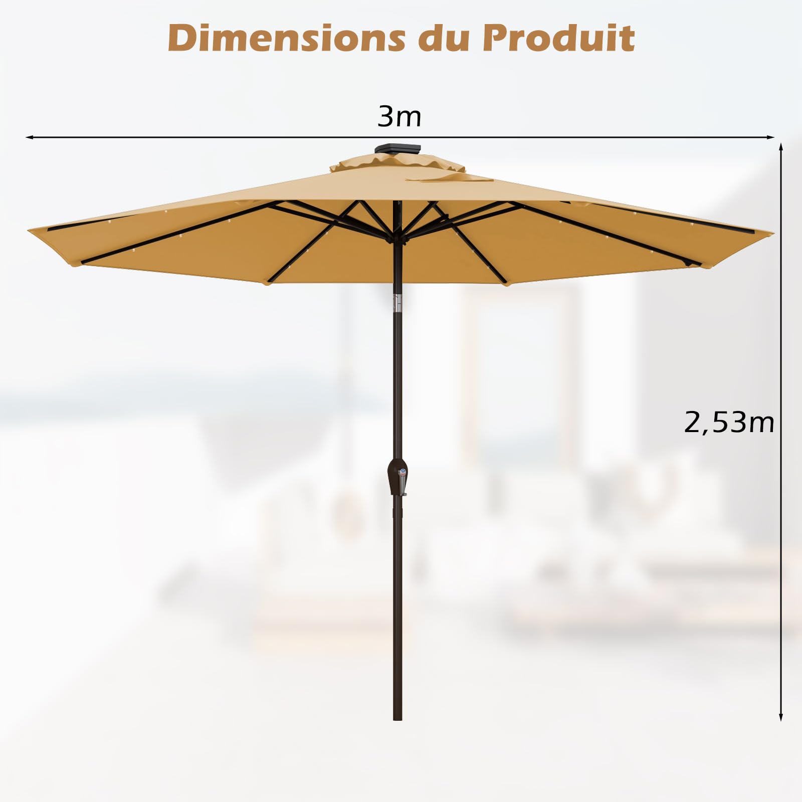 RELAX4LIFE Parasol Inclinable LED Dia.3M avec Éclairage Solaire, 8 Baleines, Inclinaison Réglables Parasol de Jardin Extérieur pour Balcon Terrasse Patio Café Bistro (Beige, Φ300x250cm)