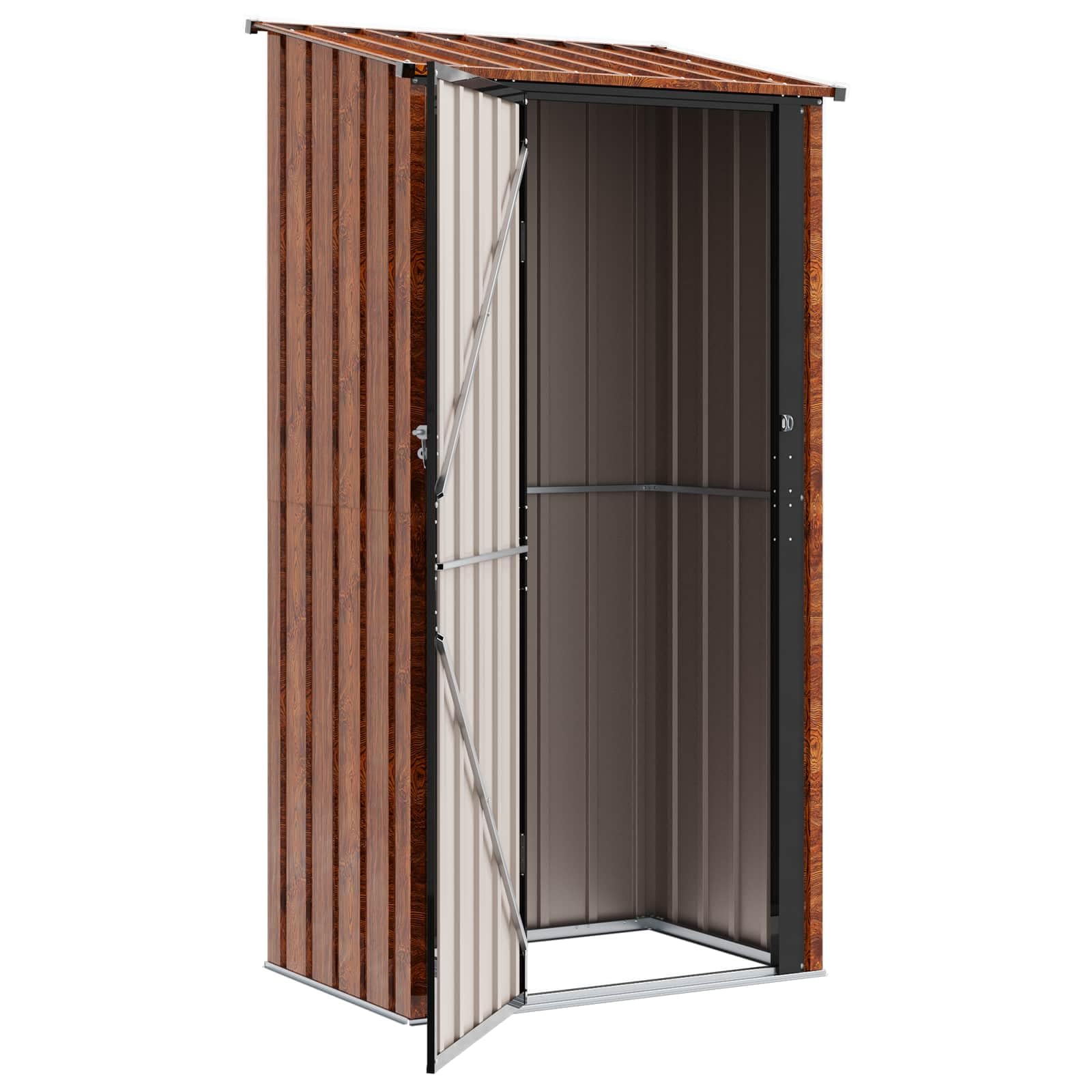 Caseta de jardín de metal 103 x 74 x 200 cm marrón con cerradura y techo inclinado para exteriores