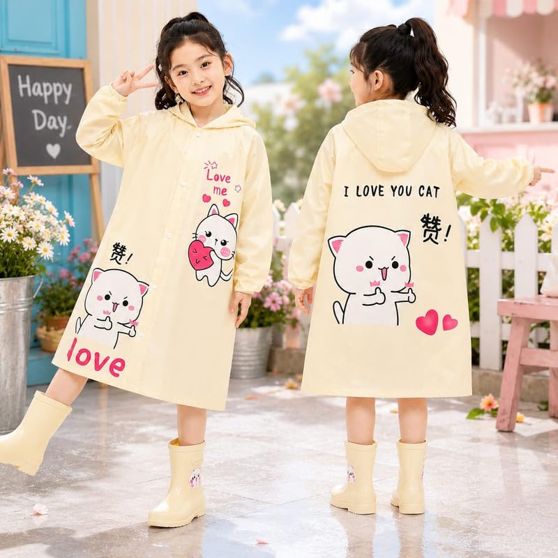 Krystle Girls Waterproof Raincoat with School Bag Cover | Cute Cat Print Hooded Rain Wear for Kids | Full Length Rain Coat (Yellow,10-11 Years)