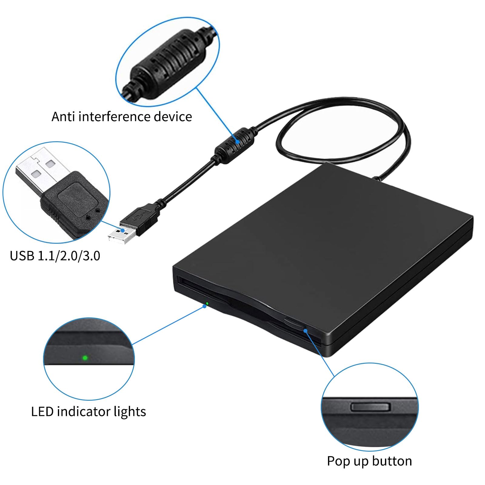 Disquetera Externa USB FDD 1,44 MB 3,5 Pulg, Unidad Disquete Portátil Floppy Disk Drive, Lector Tarjetas Disquetes Extraíble Externo para Portátiles Windows 11/10/7/8/XP/Vista/ME/2000/SE,Plug and Play
