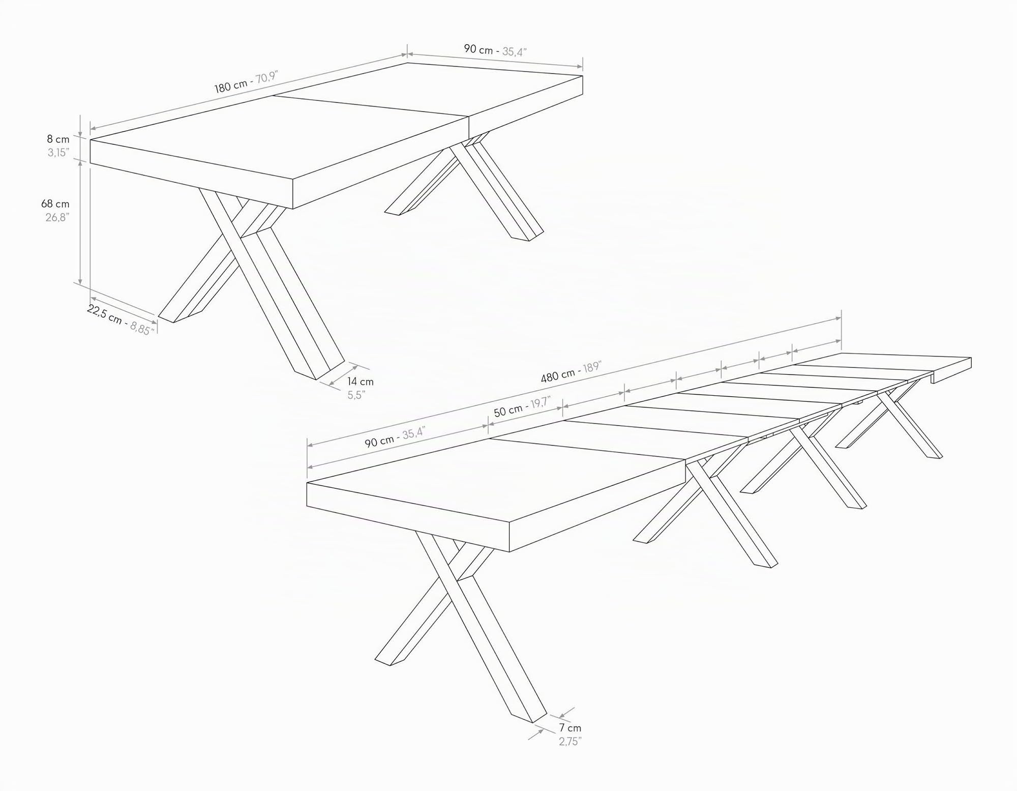 KONTE.DESIGN Tavolo GALLIPOLI in legno nobilitato effetto rovere rustico con gambe a X in legno antracite, allungabile 180x90 cm - 480x90 cm