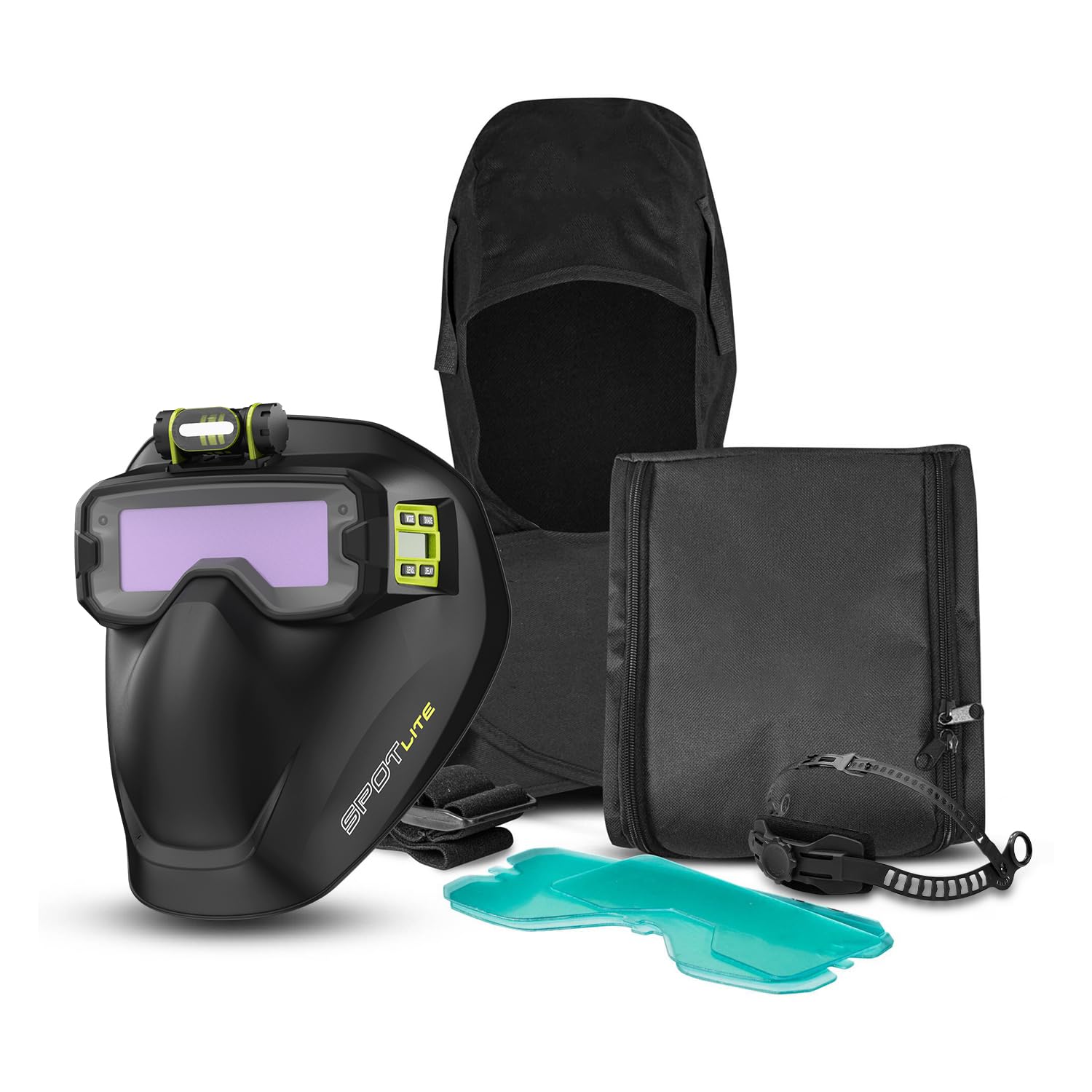 Shine SPOTLITE - Kit de gafas de soldadura de oscurecimiento automático de color real, máscara de protección completa para Tig, Mig, Stick Plasma Cut, cuello y hombro, cubierta ignífuga incluida