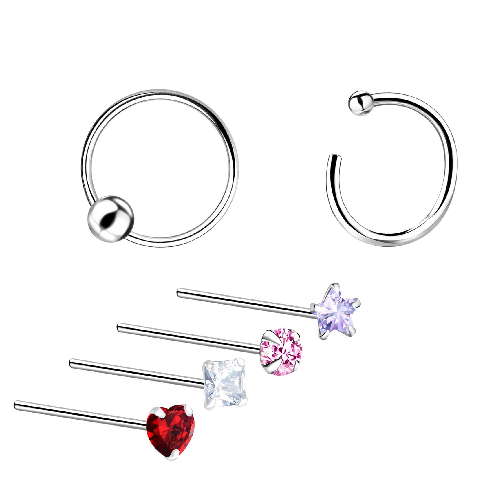 92.5-925 Sterling Silver Chandi Mixed Designs Nose Ring/Pin Stud Set for Women and Girls (NR0248) 6 Pcs-image-14