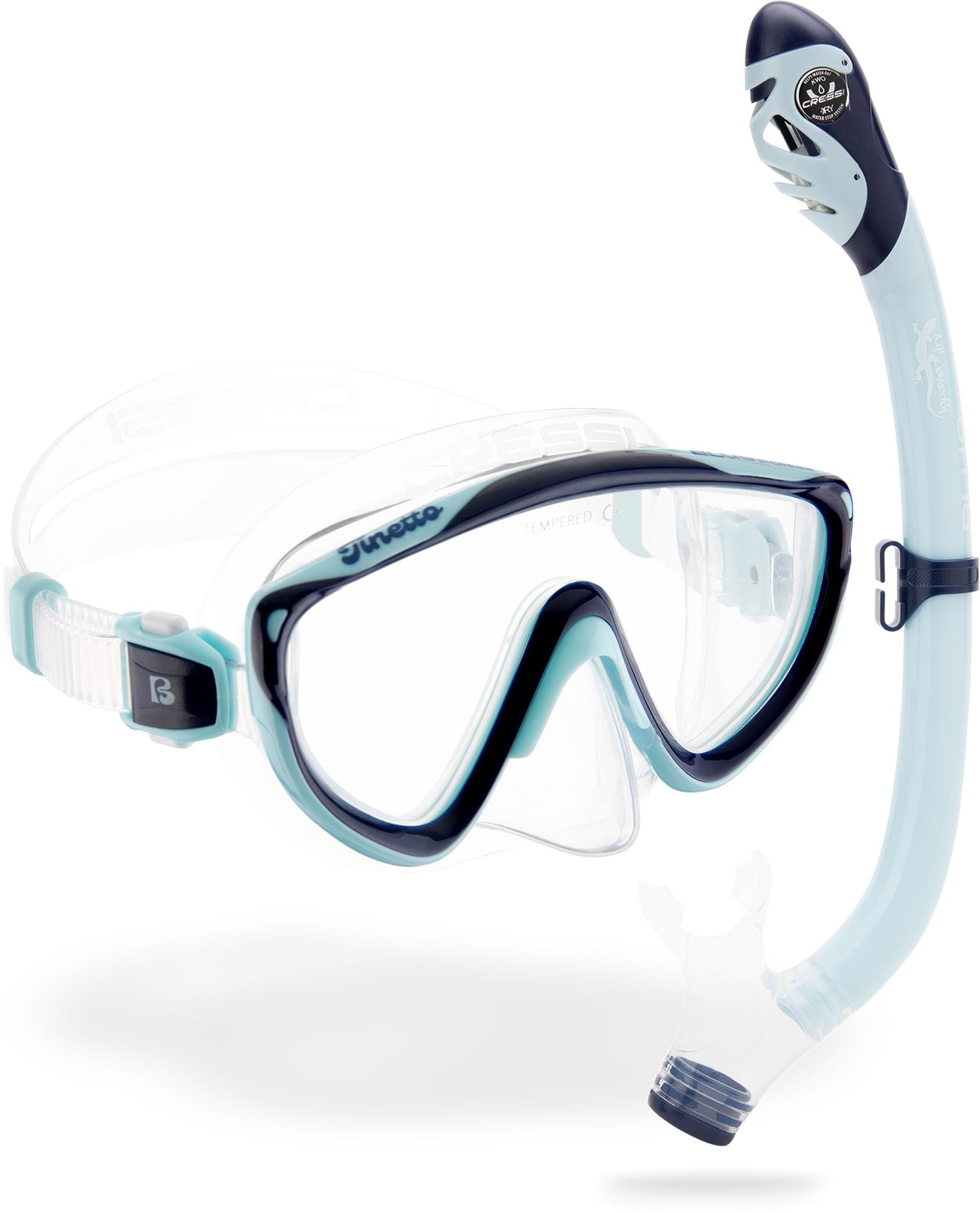 Cressi Tinetto & Iguana Dry Blue Navy/Ice Cyan - Kids Snorkeling Kit (Mask & Snorkel) for Children from 6 to 10 Years Old, Blue Navy/Ice Cyan