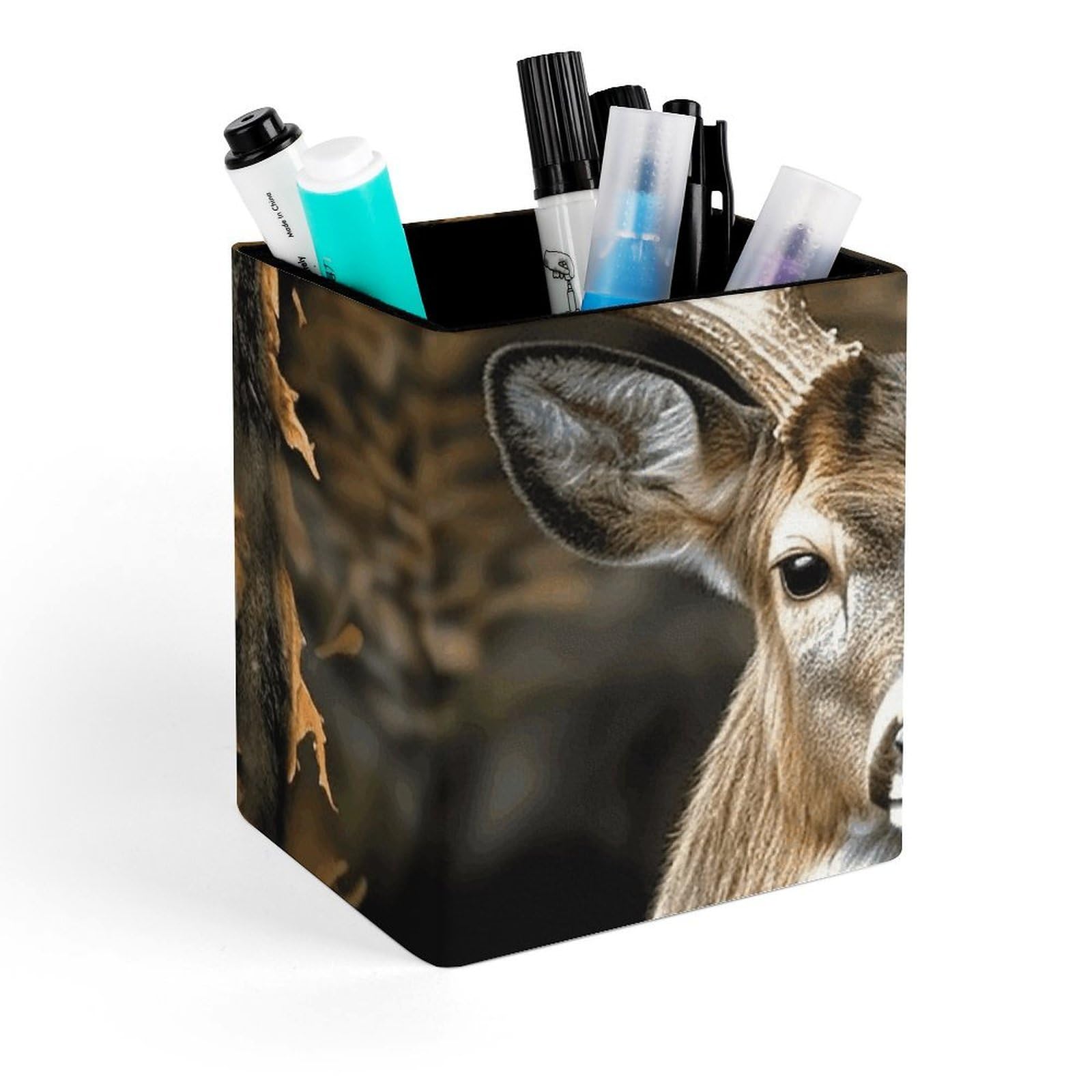 FekiLoot Camouflage Deer Pencil Holder Square Leather Pen Holder Cup Modern Multi-Functional Pencil Cup Holder Decorative Desk Organizer Caddy Makeup Brush Holders for Desk Office
