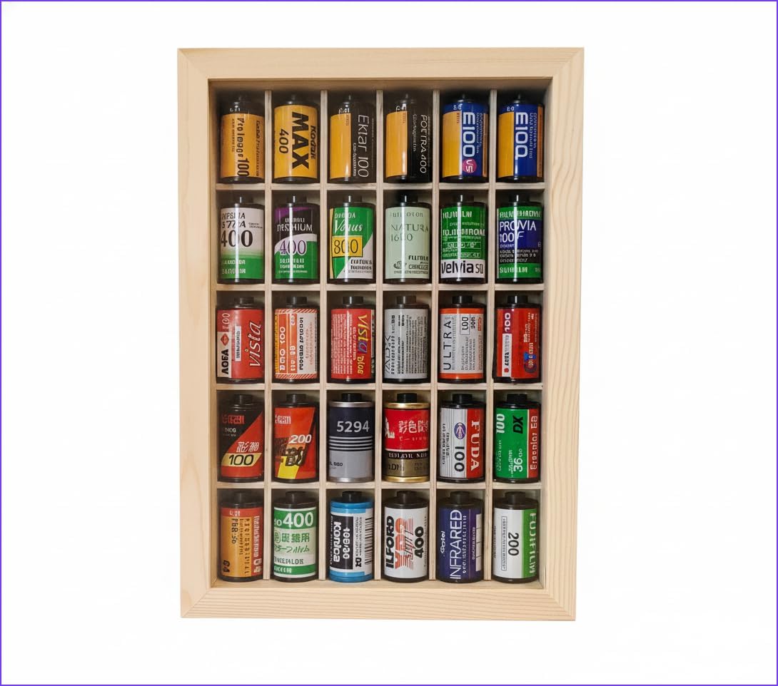 35mm Film Canister Display Case | Natural Wood, 30-Slot Film Roll Organizer with Acrylic Door | Gift for Film Photographers & Collectors