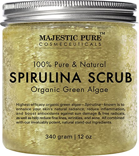 Majestic Pure Spirulina Body Scrub, Natural Skin Care with Vitamin E and Dead Sea Salt, Fights Acne, Softens and Cleanses Skin, 12 oz