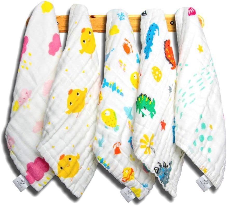Baby Washcloths, Muslin Squares Organic, 100% Cotton Natural Baby Face Towels, 5 Pack, Reusable Extra Soft Newborn Baby Wipes, 6 Layers,Wash Cloths with Printed Design, 10x10 Inches