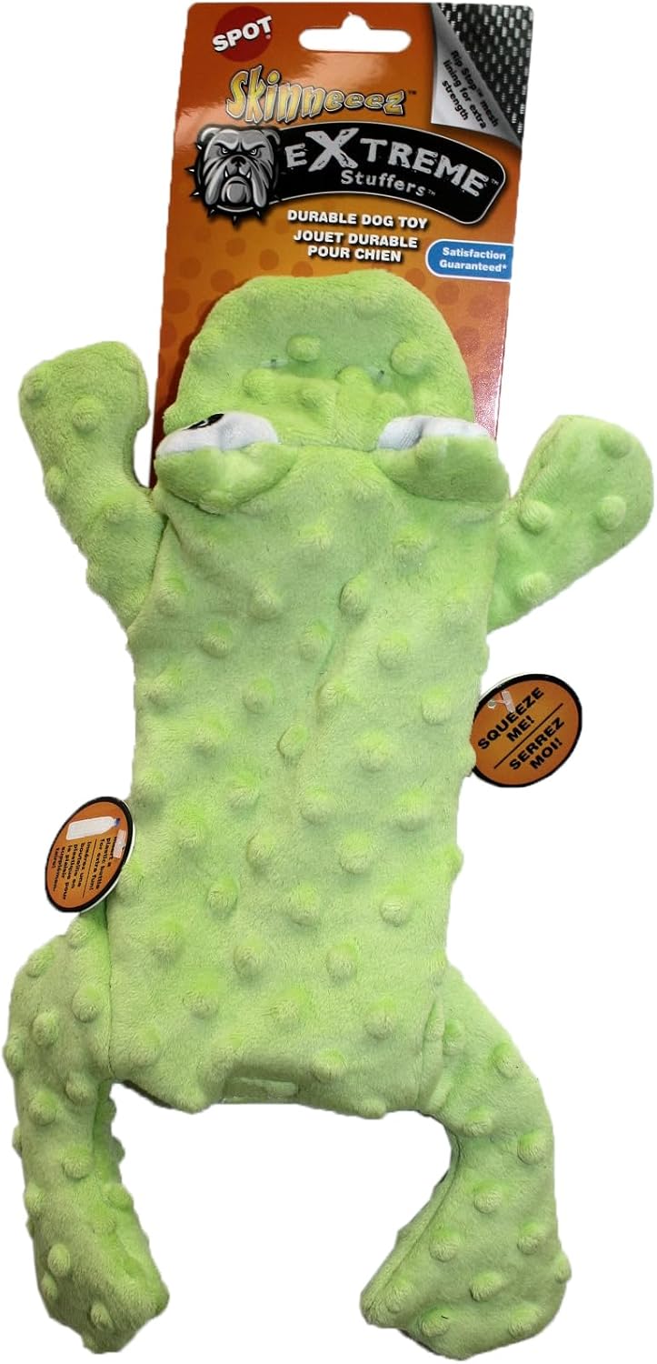 SPOT Skinneeez Extreme Stuffers Frog – Stuffing Free Dog Toy With Squeaker & Rip Stop Mesh Lining for Durability – Insert Plastic Bottle for Extra Crunch, For Small to Medium Puppies & Dogs – 14in