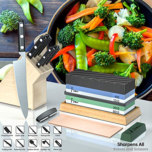 Knife Sharpening Stone Set, Finew Premium 4 Side Grit 400/1000 3000/8000 Water Stones, Non-slip Bamboo Base, Flatting Stone, Leather Strop, Polishing Compound and Angle Guide