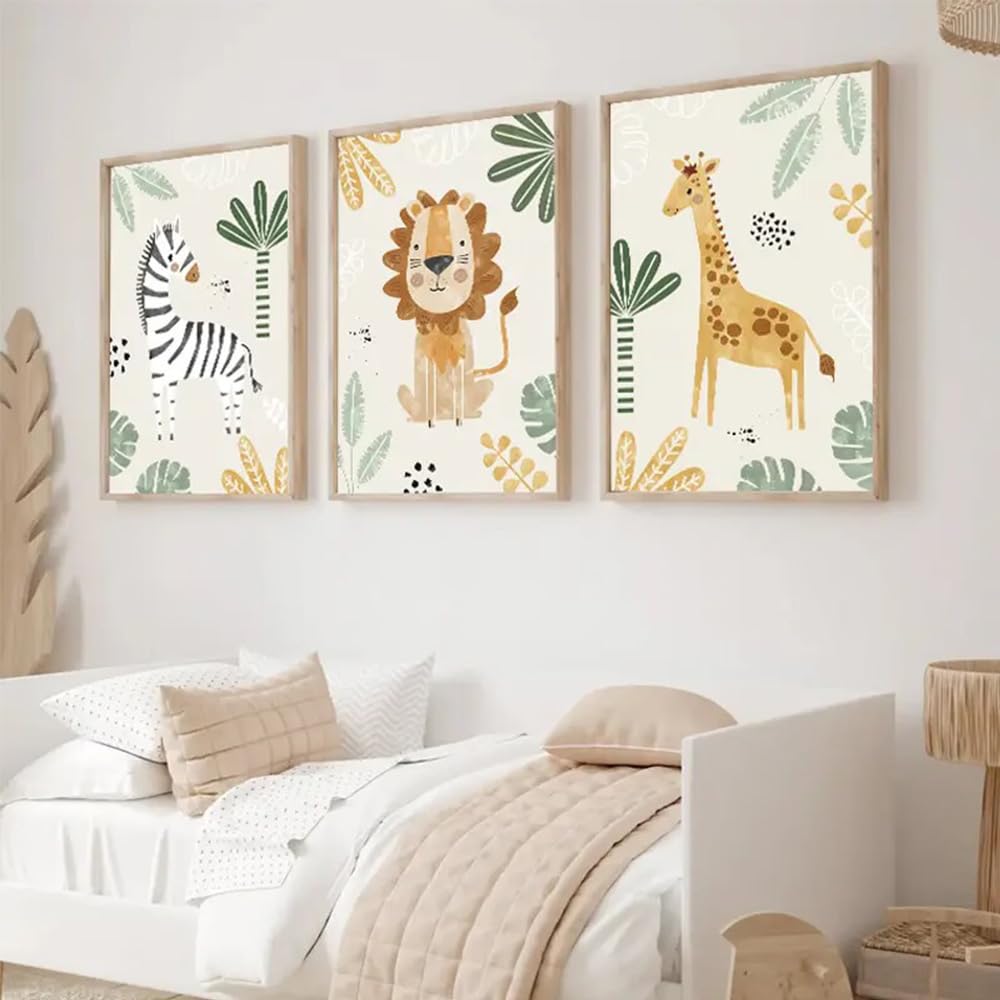 3 Affiche Animaux de la Foret Chambre Bebe Vert 30X40cm Poster Jungle Enfant Animaux Safari Girafe Lion Éléphant Tableau Savane Bebe 30X40cm Toile Decoration Murale Enfant Garçon Cadeau sans Cadre