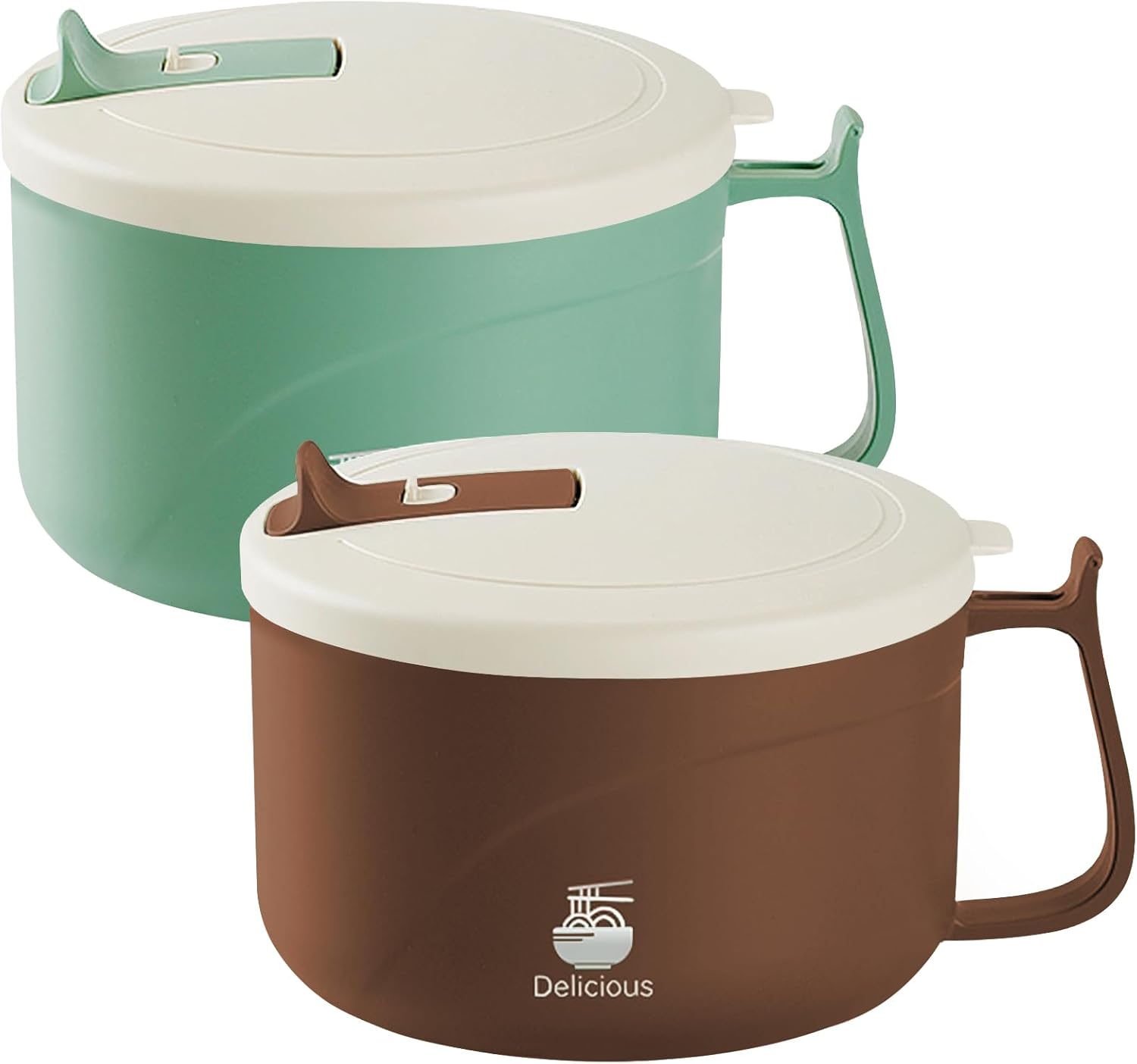 Microwave Ramen Bowl with Handles,304 Stainless Steel Liner Bowl, Microwavable Soup Mug with Lid Large Soup Cups for Ramen Noodle Cereal,42 oz(Green coffee)