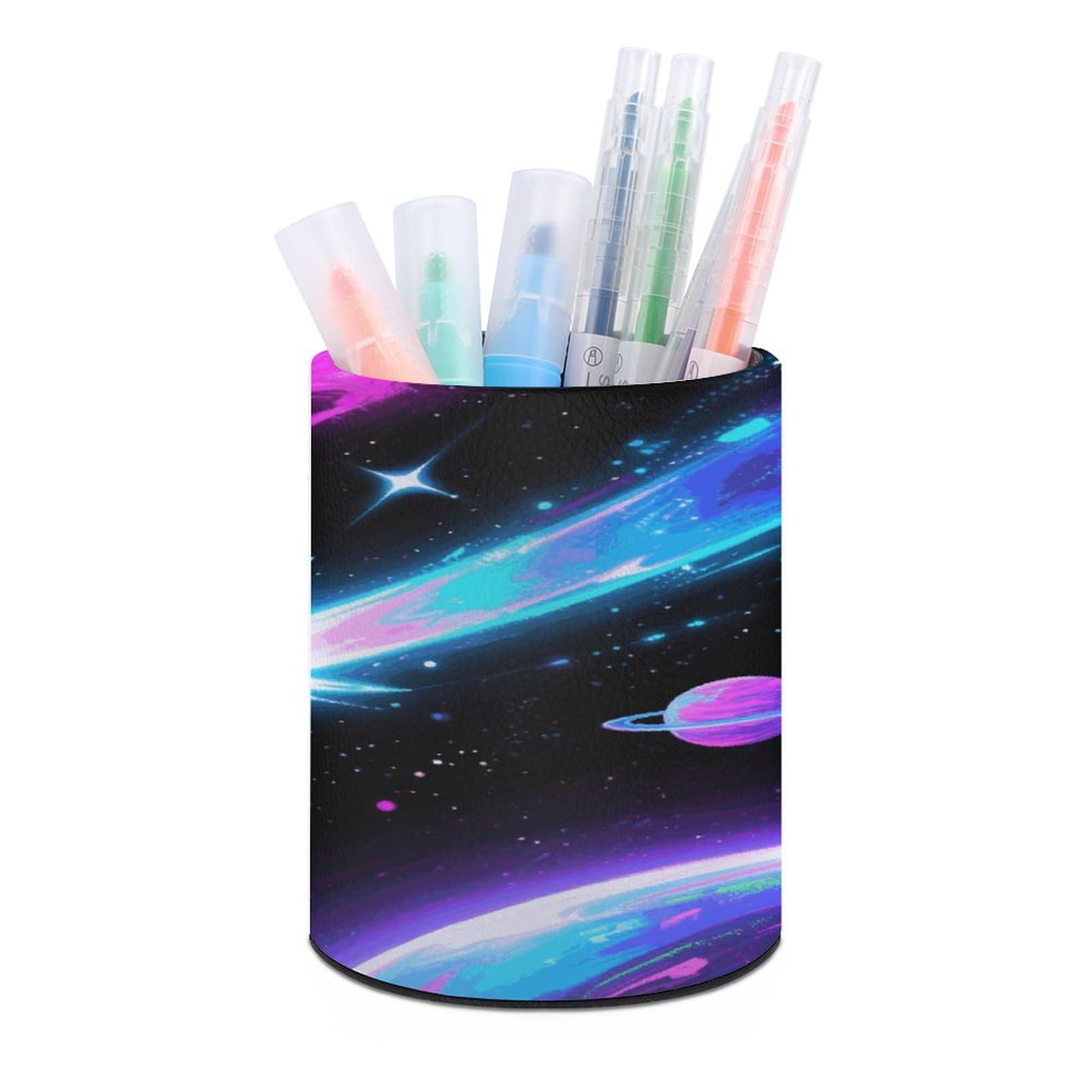 VstaDank - Fluorescent Pen Holder Round Pencil Holder PU Leather Desk Organizer Holder for Brush Decoration Desk Office Home (3.1 x 3.9