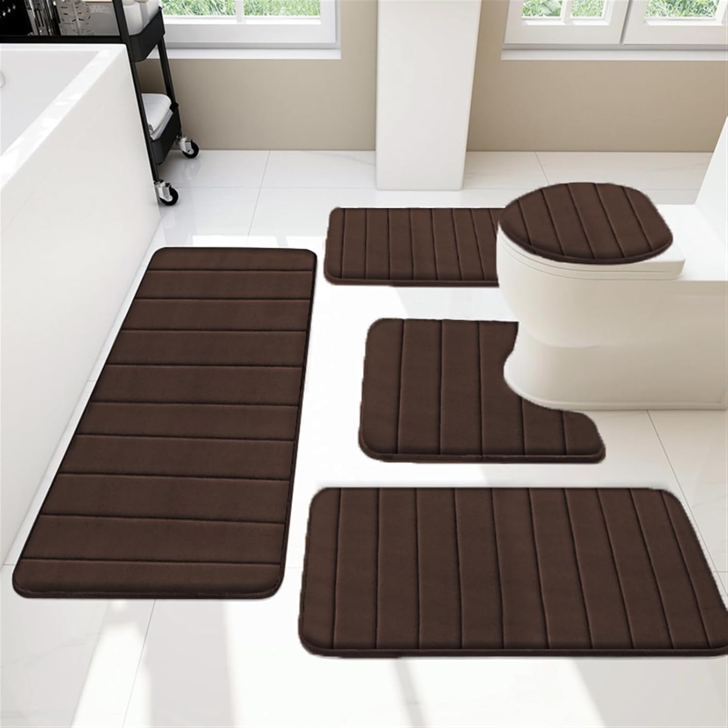 Bathroom Rugs Set of 5, Non Slip Velvet Memory Foam Bath Mats Absorbent for Bathroom Striped Brown