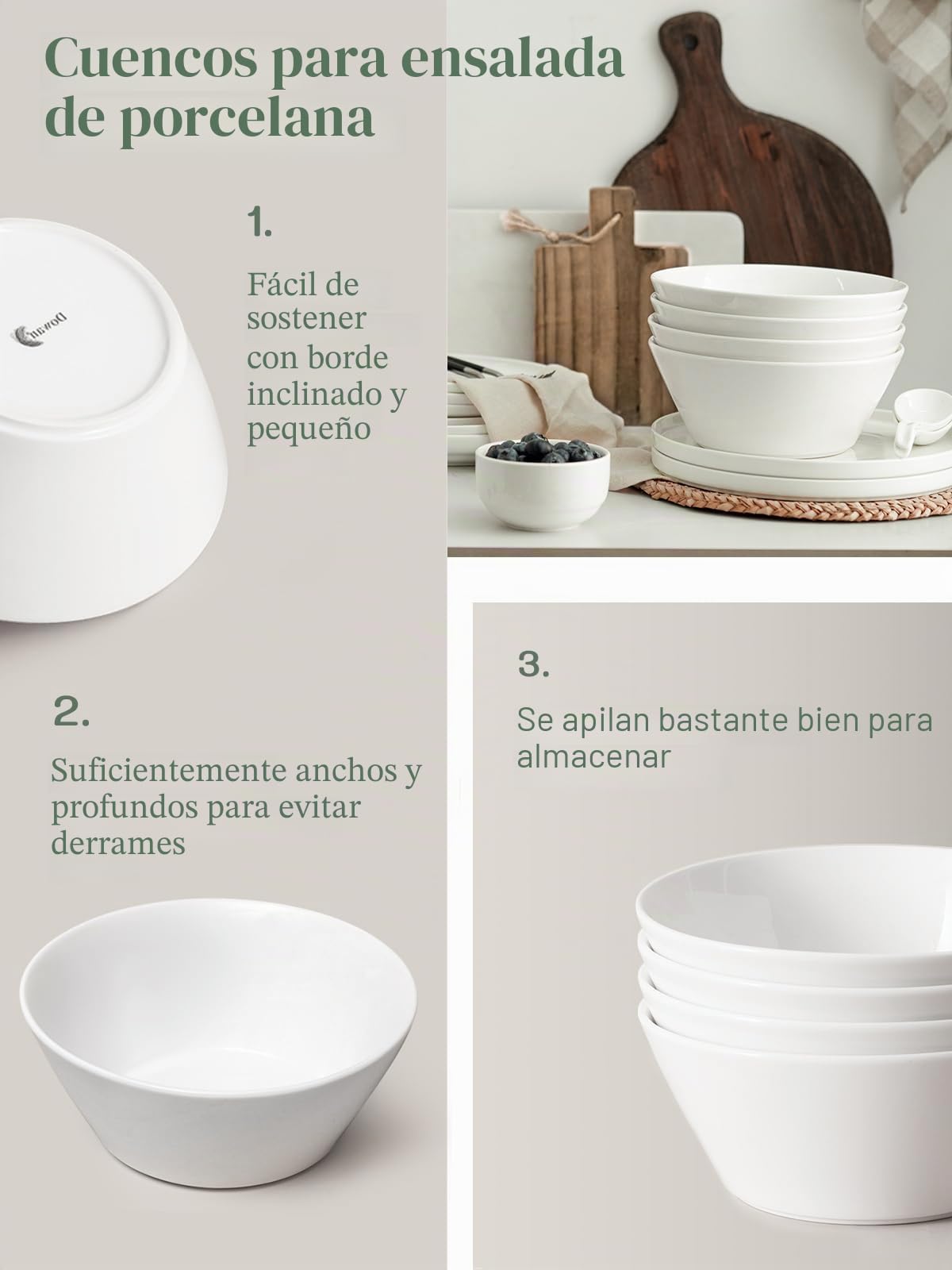 DOWAN Cuencos de Cereales, 950 ml Cuenco Cerámica para Sopa, Ensalada, Φ17cm Tazón de Desayuno para Servir, Ramen, Blanco, Paquete de 4