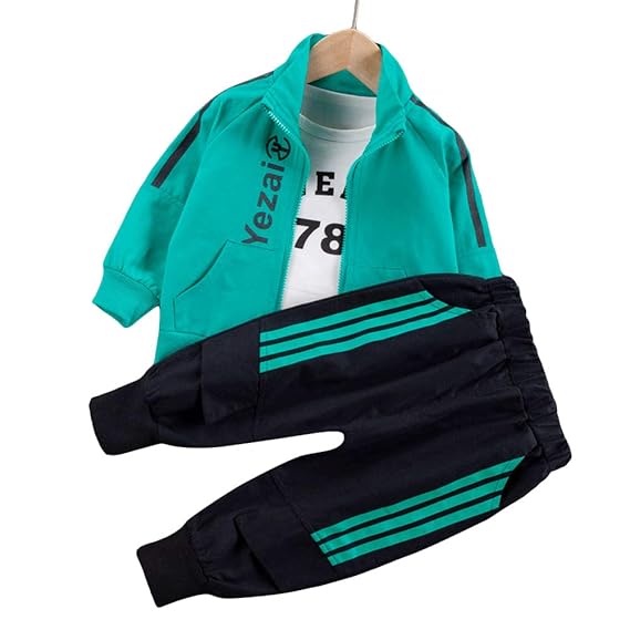 Hopscotch Boys Cotton and Polyester Text Printed Full Sleeves T-Shirt, Jacket and Jogger Set Layering Set in Green Color