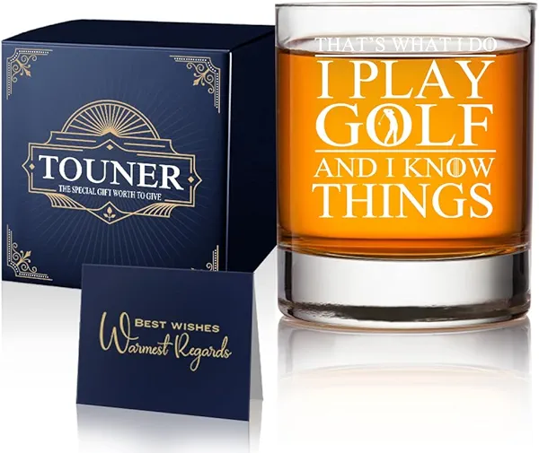 TOUNER Old Fashioned Whiskey Glasses - Funny Golf Gift for Dad, Father, Grandpa, Husband; Retirement Gift for Golfer