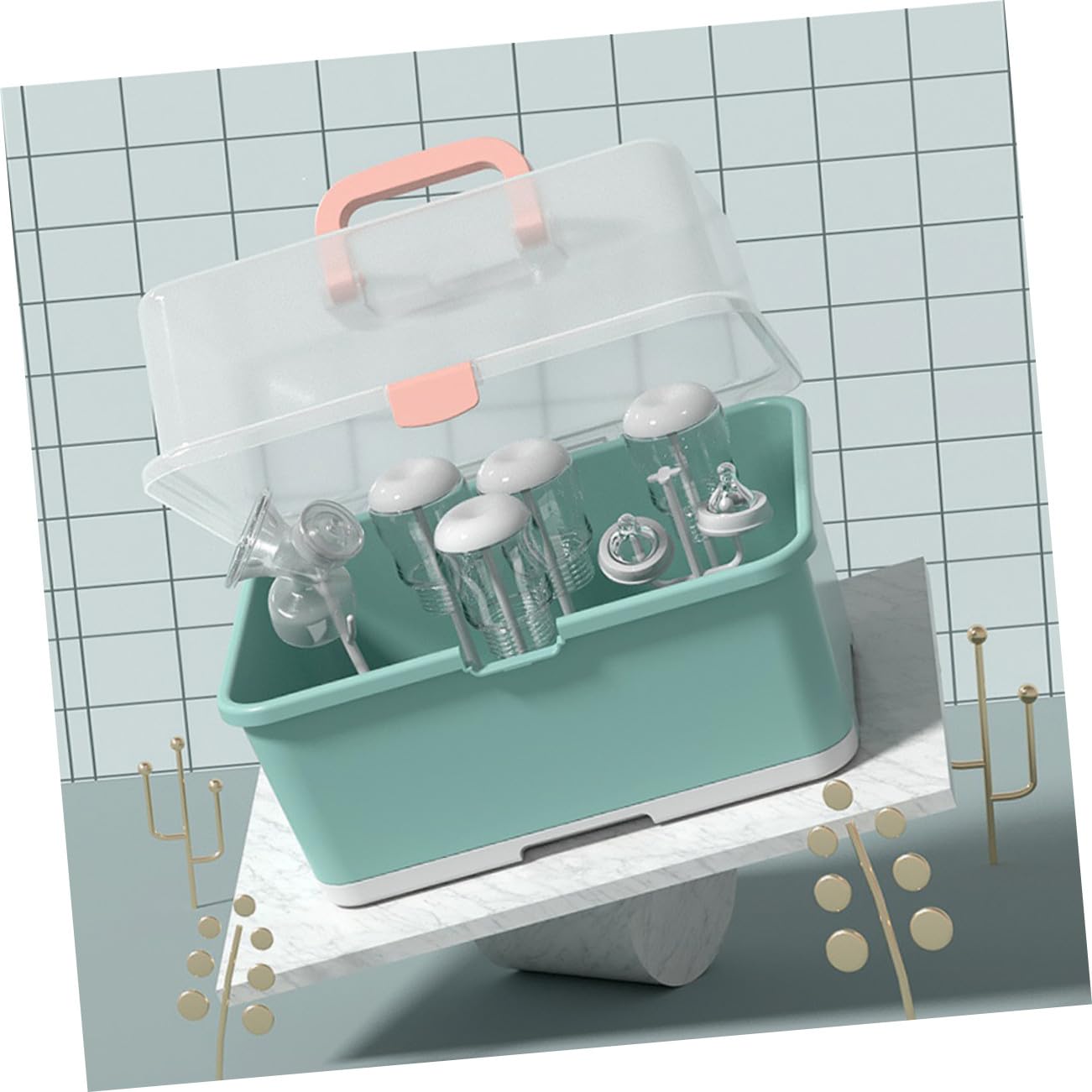 NOLITOY Babyflaschentrockner Aufbewahrungsbox Für Babys Mit Abdeckung Abnehmbare Trockenbox Aus Freiem Kunststoff Kompakter Organizer Für Flaschen Und Becher in Grün Für Babypflege Und Fütterung