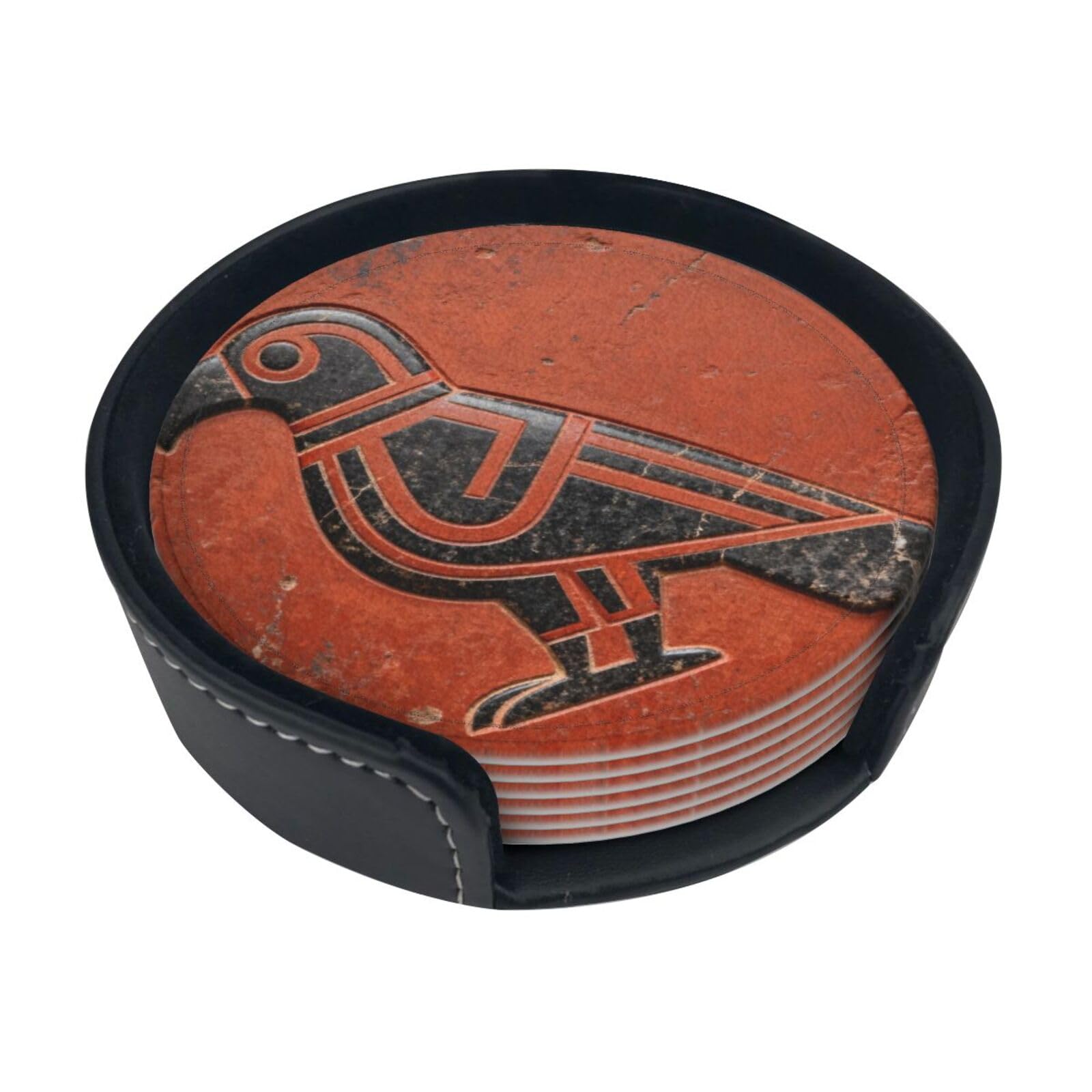 Cntdbu White Stone Bird Pattern Leather Coasters Set Of 6-Pu Leather Drink Mats For Table, Heat Resistant Round Coasters With Holder