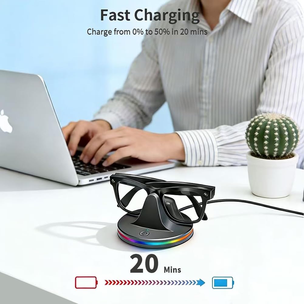 Supporto di ricarica compatibile per occhiali Ray-Ban Meta Smart, Portatile per Wayfarer, compatibile con Wayfarer, Skyler, Headliner con indicatore LED e cavo di ricarica USB-C (Nero-RGB)