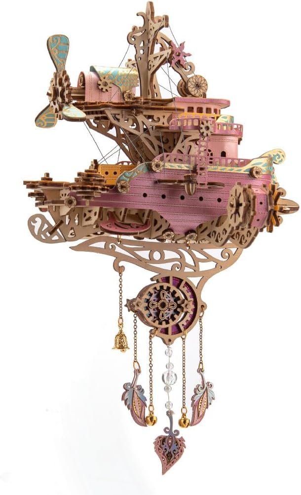 3D Wooden Flyship Model for Adult to Build, Steampunk Wooden Airship Model Kit, Brain Teaser Puzzle, Creative DIY Crafts Ornament, Pink
