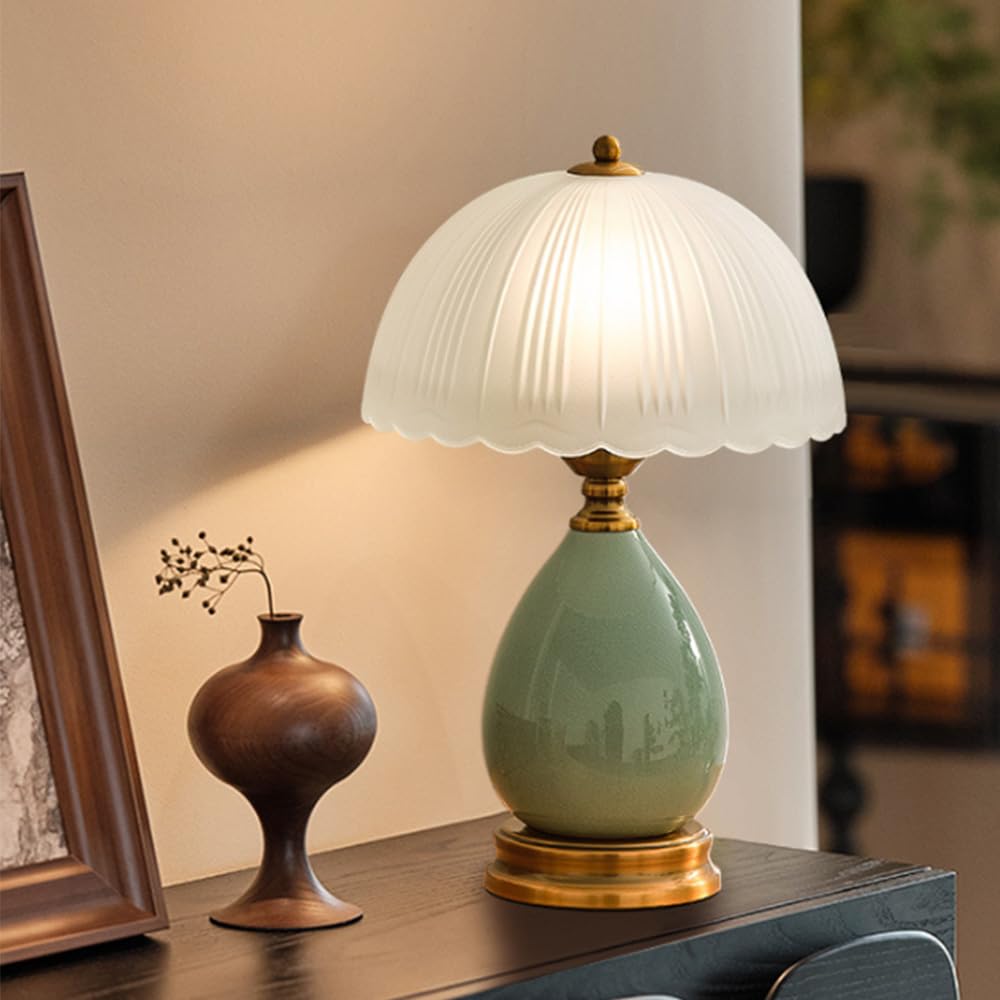 Mengjay Lampada da tavolo salotto lampada Vintage,Luce da Scrivania in vetro,Base in ceramica,E27 Lampada da Notte per camera da letto, studio, comodino, scrivania (Verde)