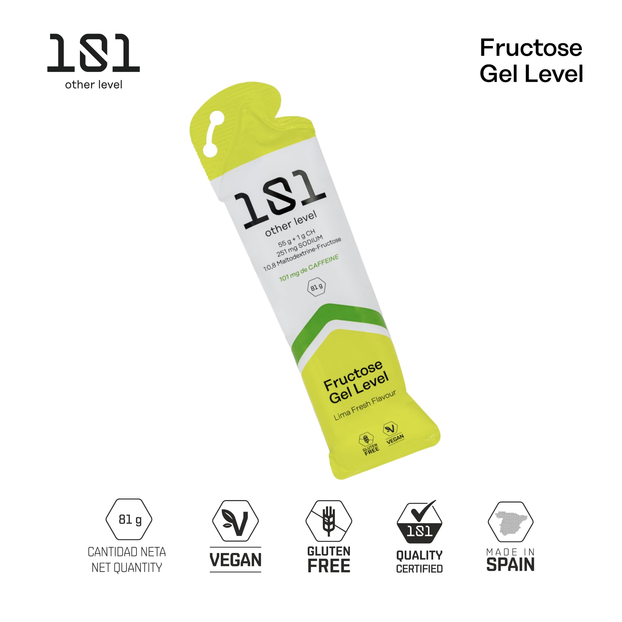Gel Energetico Lima con Cafeina - Pack 24 Geles x 81g - Geles Energeticos Ciclismo - Rico en Carbohidratos 56 g Maltodextrina y Fructosa - SIN GLUTEN - Vegano