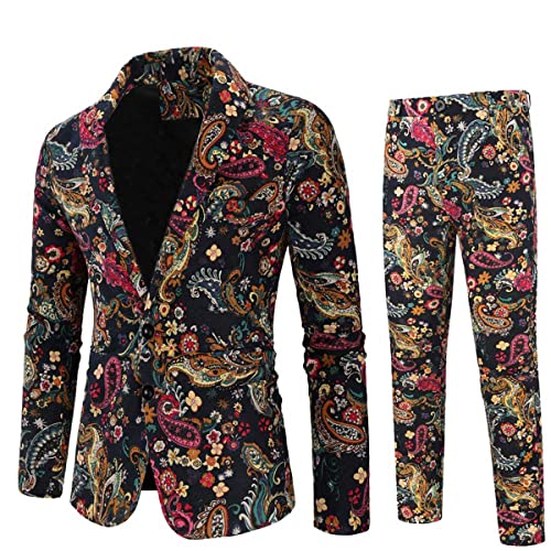 Mens 2 Piece Print Suit Floral Party Dress Jacket Slim 2 Button Blazer Pants #TOP11