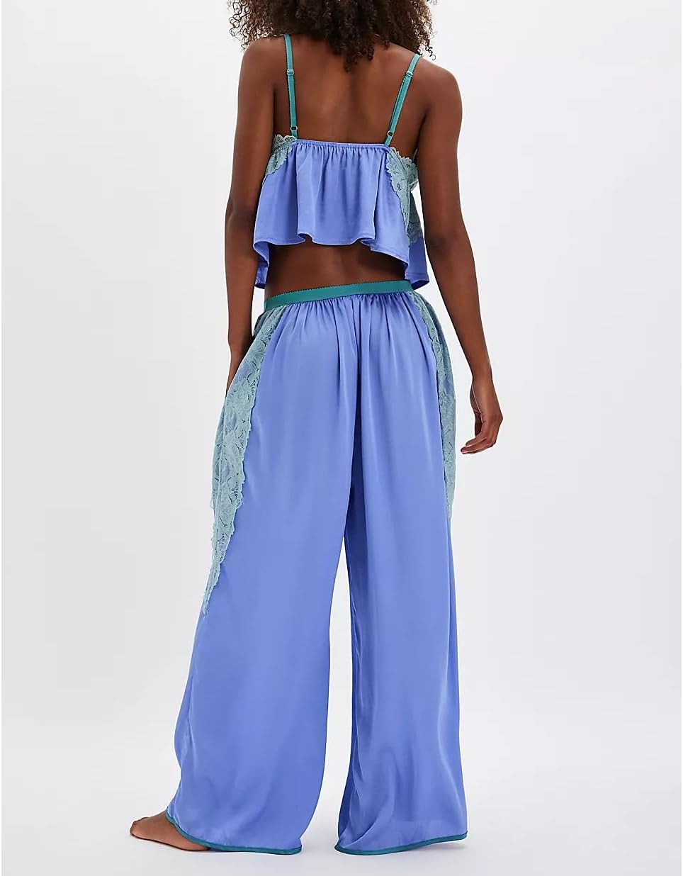 Amiblvowa Silk Satin Pajamas Women Lace Trim Spaghetti Stap Babydoll Tops Mid Waist Wide Leg Pants Y2K Lounge Sets Soft Pjs - Image 5