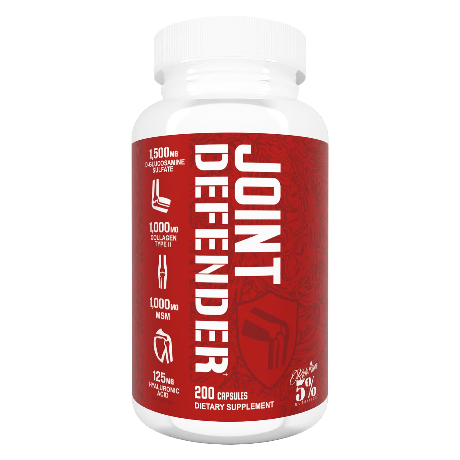 5% Nutrition Rich Piana Joint Defender Maximum Joint Support Supplement | Collagen, Glucosamine, Chondroitin, Turmeric Curcumin with Black Pepper, MSM, Hyaluronic Acid | 200 Capsules, 25 Servings